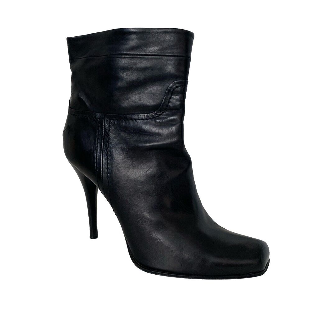 Costume National Ankle Boot Bootie Black Leather Slim Heel Square Toe Pu…